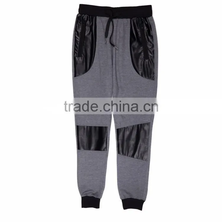 2016 custom new style pu leather patch zipper style elastic waist mens 100% polyester sweat pants