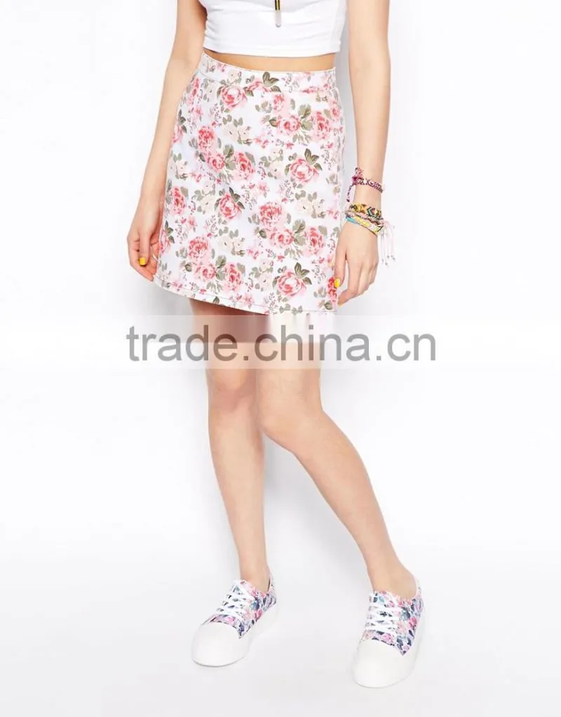 hot selling floral print A-line wholesale women denim skirts