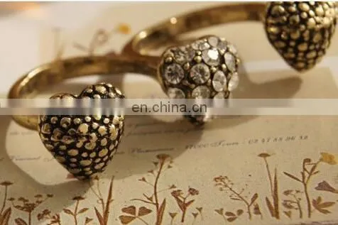 2017 New Fashion Three Heart Simulated Diamond Two Finger Rings Fashion Retro Double Finger Open Ring Classic Fashion