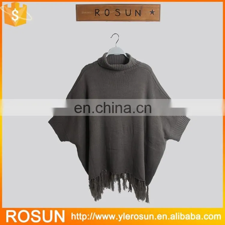 Ladies Trendy Crochet Fringe Poncho In Grey