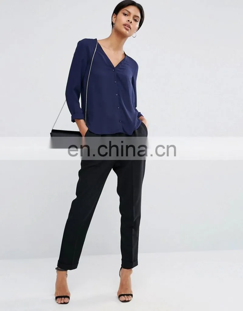 2017 Women's Newest Design OEM Blouse V- Neck Chiffon Blouse Wholesale