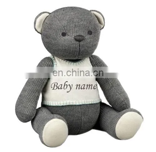 Baby first teddy bear in grey color with baby's name knit teddy bear