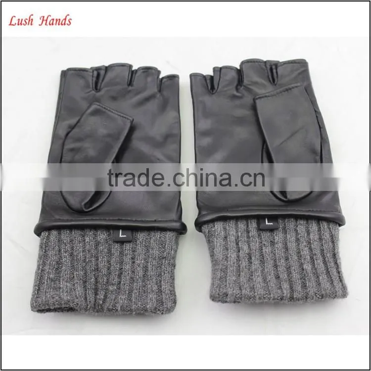 ladies half finger leather driving gloves knitted cuff leather glove