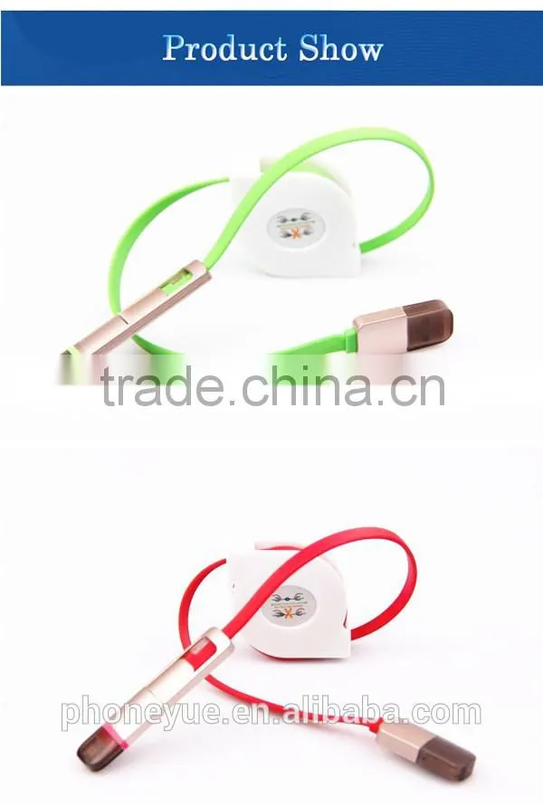 2016 powerful metal retractable flat noodle 2 in 1 usb data charging cable