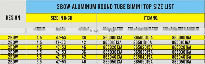 2 Bow 25mm diameter Aluminum round tube 2 bow bimini top