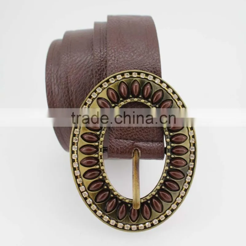 2015 Vintage Style women's fashion PU brand belt with rhinestone circle shape buckle