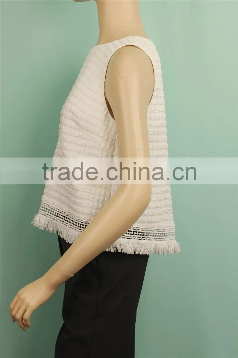 2016 S/S tassel hem sleeveless back zipper white sexy office lady blouse