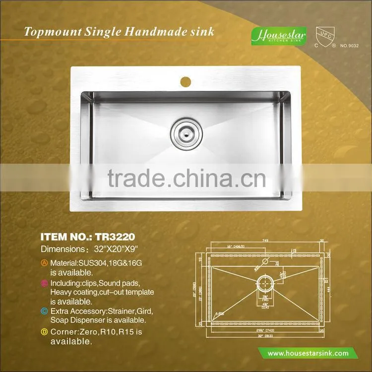 High Quality Wholesale Price Topmount Single Bowl Stainless Steel Kitchen Sink With Sound Deadening Pads And Coating - TR3220