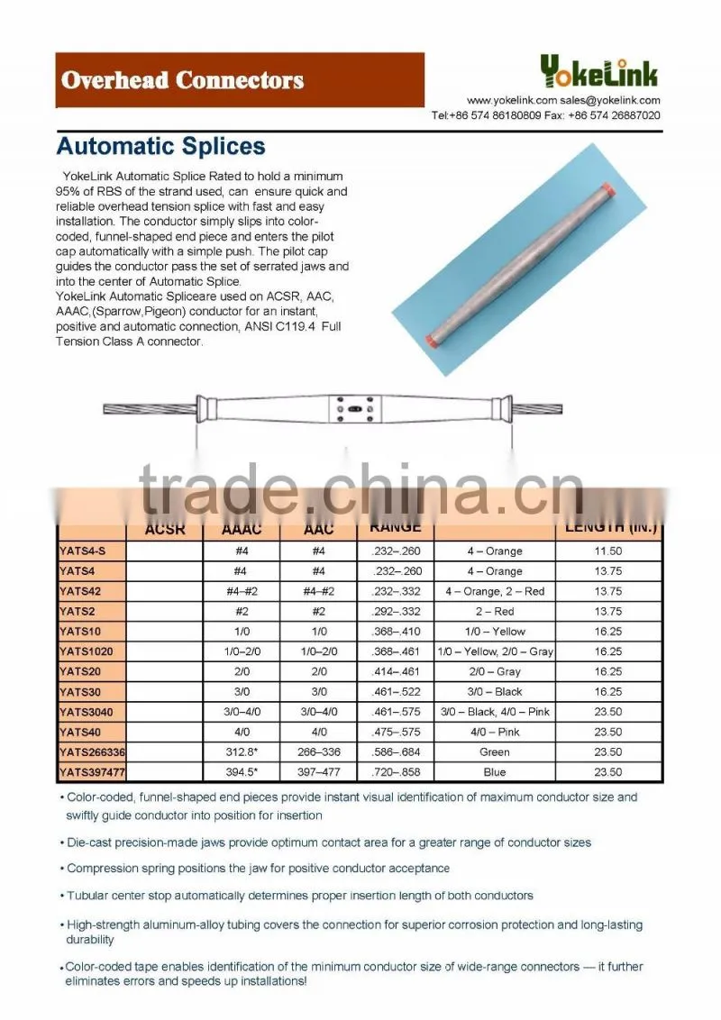 Aluminum Automatic splices for dead end connector