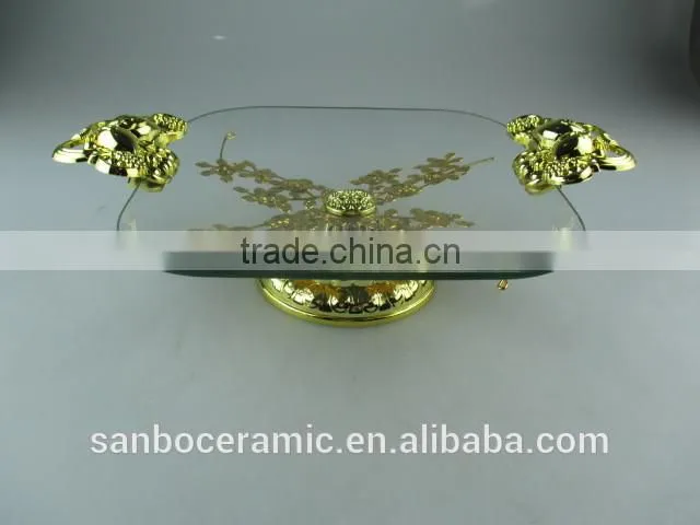 Hanging crystals cake stand, rectangle golden glass cake plate with footed and handle