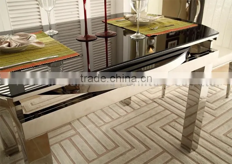 Glass Top Stainless Steel Legs Extendable Dining Table