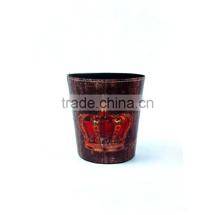 Fashionable Waste Bin Faux Leather Crown Print Trash Can