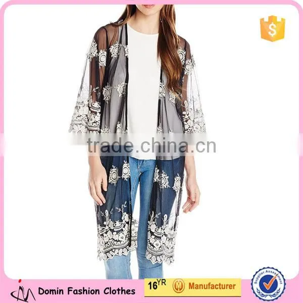 Women Sheer Mesh Fabric with Embroidered Detail Kimono