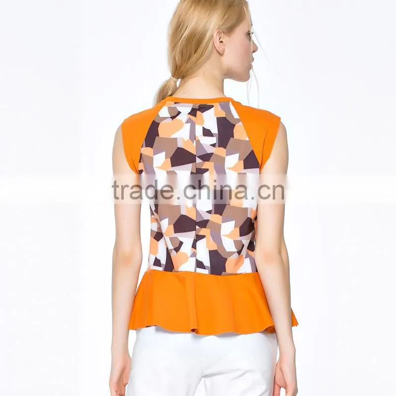Promotional Top Quality knitted wear popular printed ruffle hem model women's simple blouse with sleevless