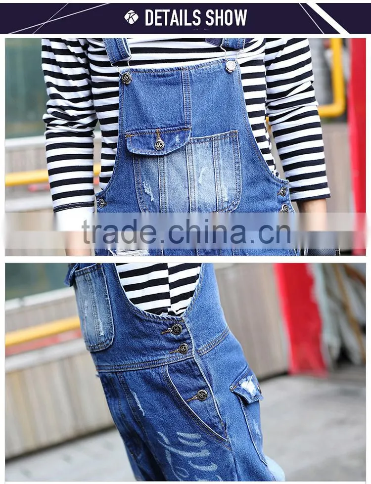 New model custom boyfriend jeans rompers high quality ripped bib overalls for men