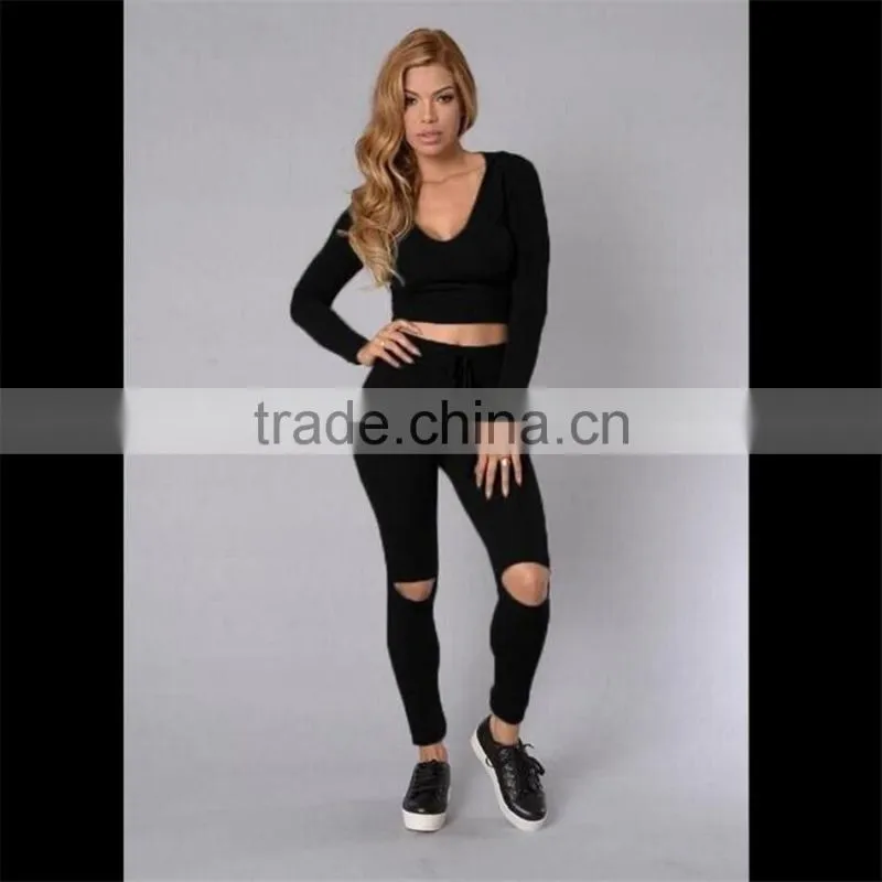 2016 New Women's Hole Crop Top Hoodie Set ,Christmas sweater ,2Pcs Plain Tracksuit Woman Active Hoodies Sweatshirt Tracksuits
