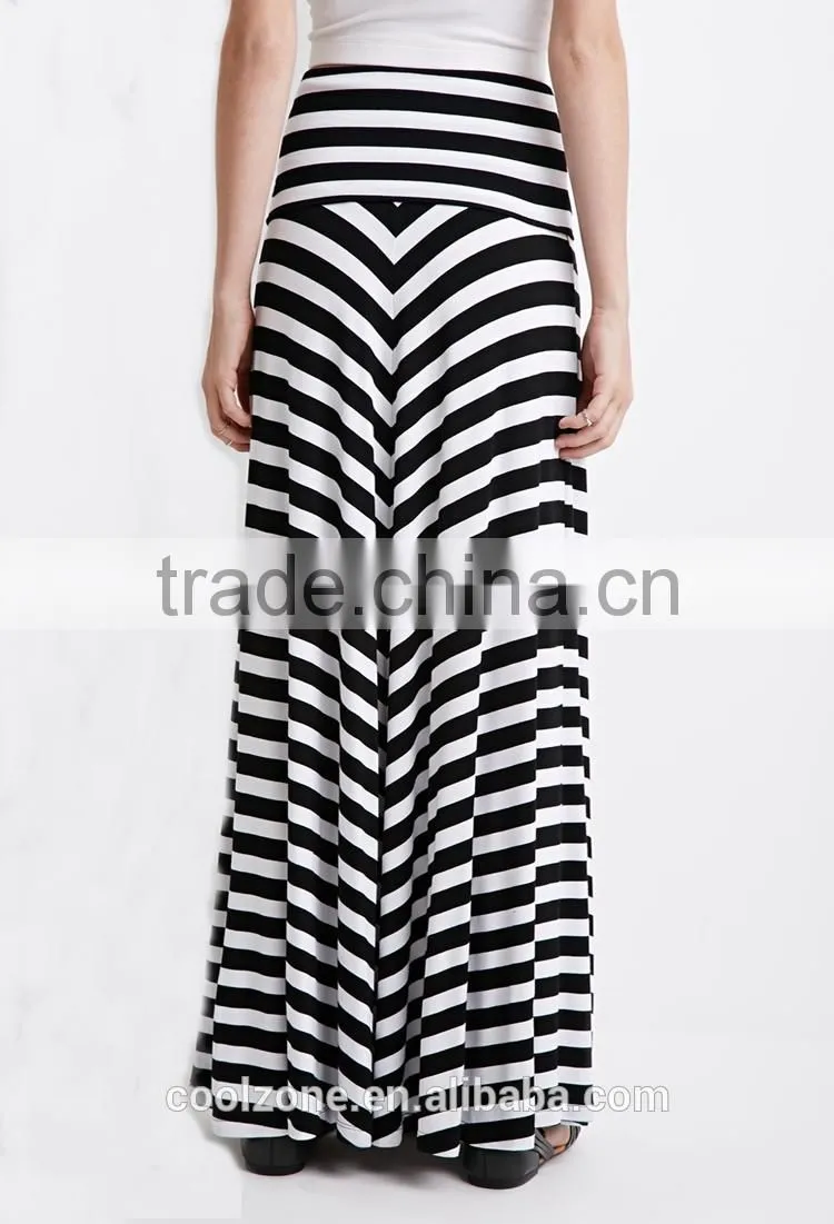 2015 Fold-over waist stripe print skirts fashion long maxi skirt