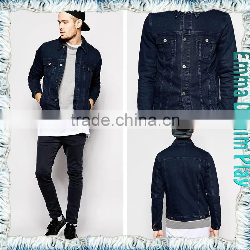Mens Fashion Autumn Long Sleeve Dark Blue Jean Four Pockets Coat