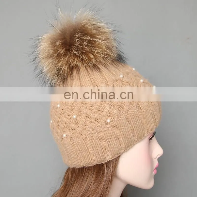 Super natural color raccoon fur pom pom hats with pearls for ladies