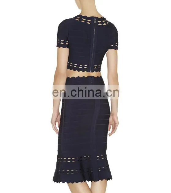2017 latest bandage tops scalloped cut out midi two piece bandage dress navy