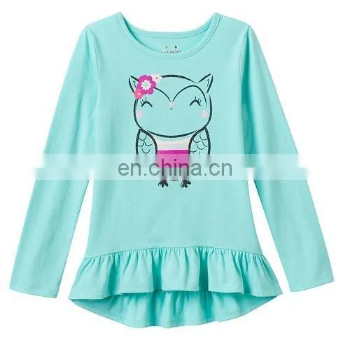 Hot Sale Cute Girl Dresses, One piece Girls 4- 8 Long Sleeve Ruffled High-Low Tee