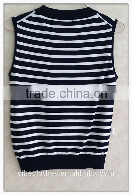 Vintage stripe handmade knitting wear crew neck OL vest