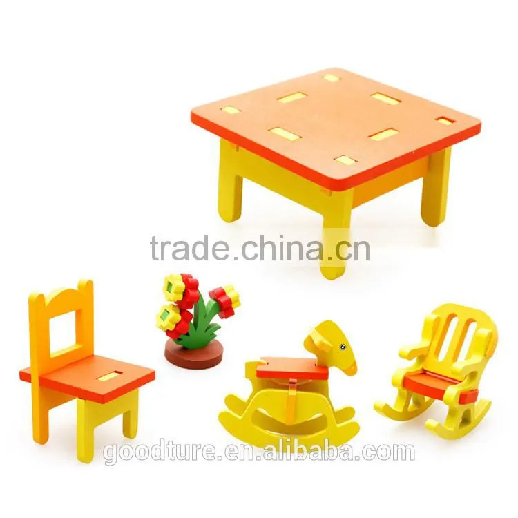 3D Assembling Mini Furniture Rocking Horse Rocking Chair And Table Set For Kindergarten Wooden Toy