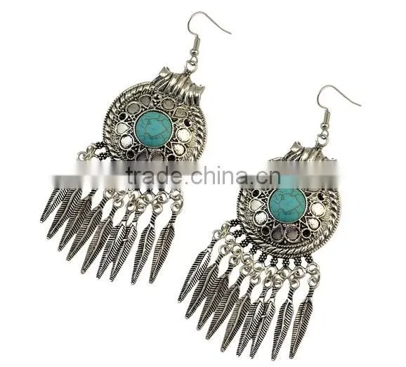 2016 Bohemian Fringed Leaves Tassels Vintage Turquoise Earrings