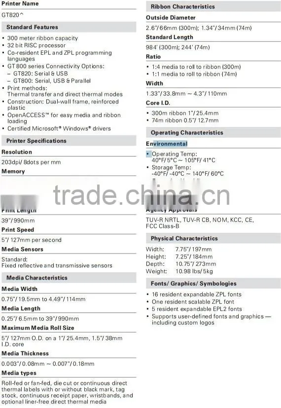 Zebra GT820 Advanced Desktop Bar Code Printer