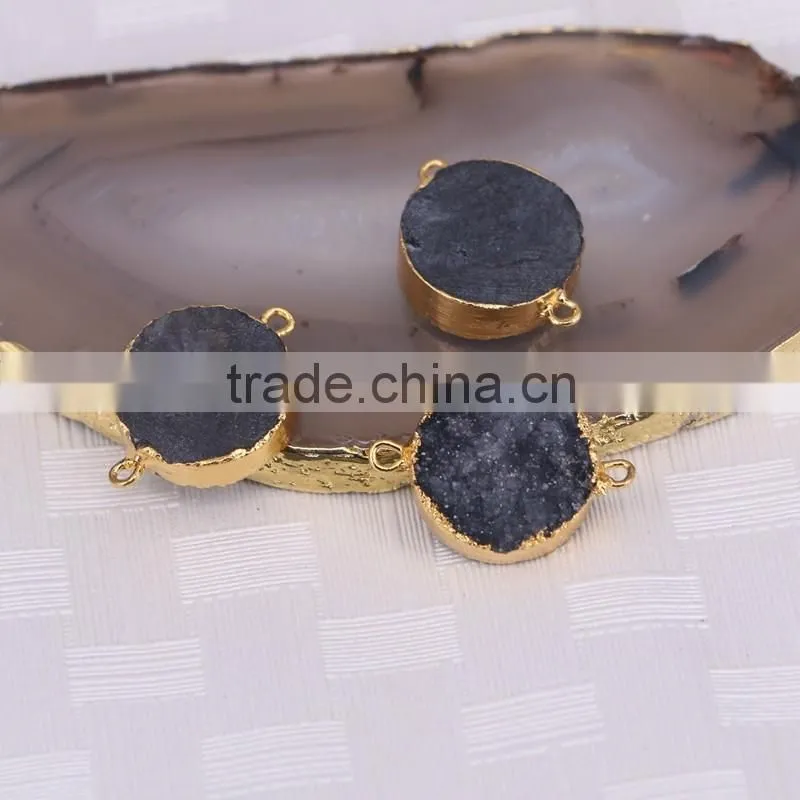 Black Druzy Quartz Stone Connector Beads, Round shape Gold plated Crystal Drusy Beads For Jewelry Making