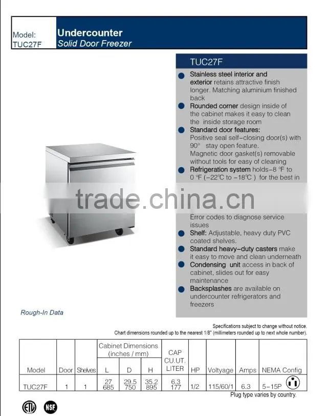Undercounter freezer, commercial refrigeration equipment_TUC27F