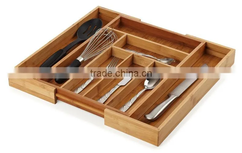 BH003/Expandable Bamboo Cutlery Drawer Organizer with Knife Block Compact Storage Tray