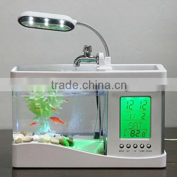 Mini Aquarium Fish Tank Penholder With Desktop LED Clock