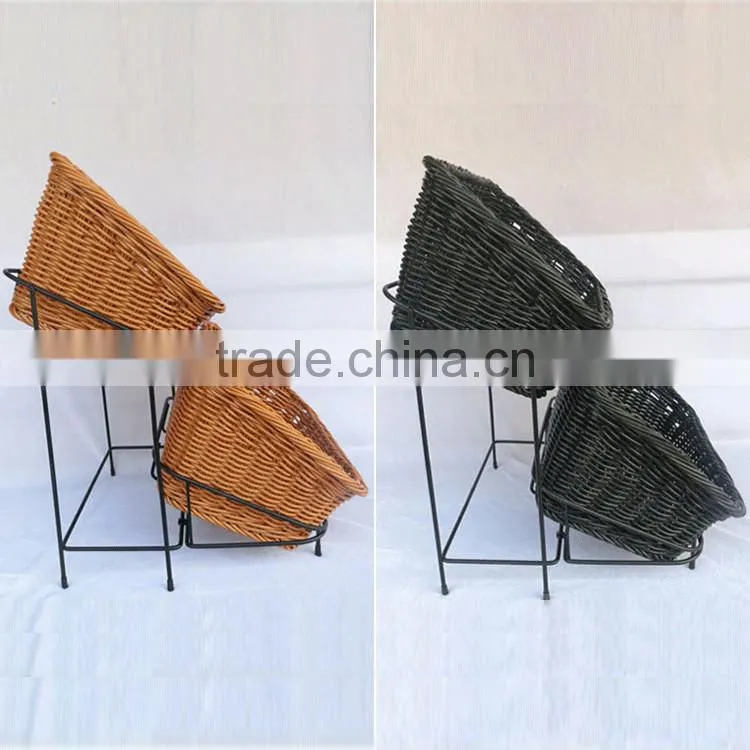 Amazing supermarket or store used fruit & bread rack with 2 tier rattan baskets delicate food display