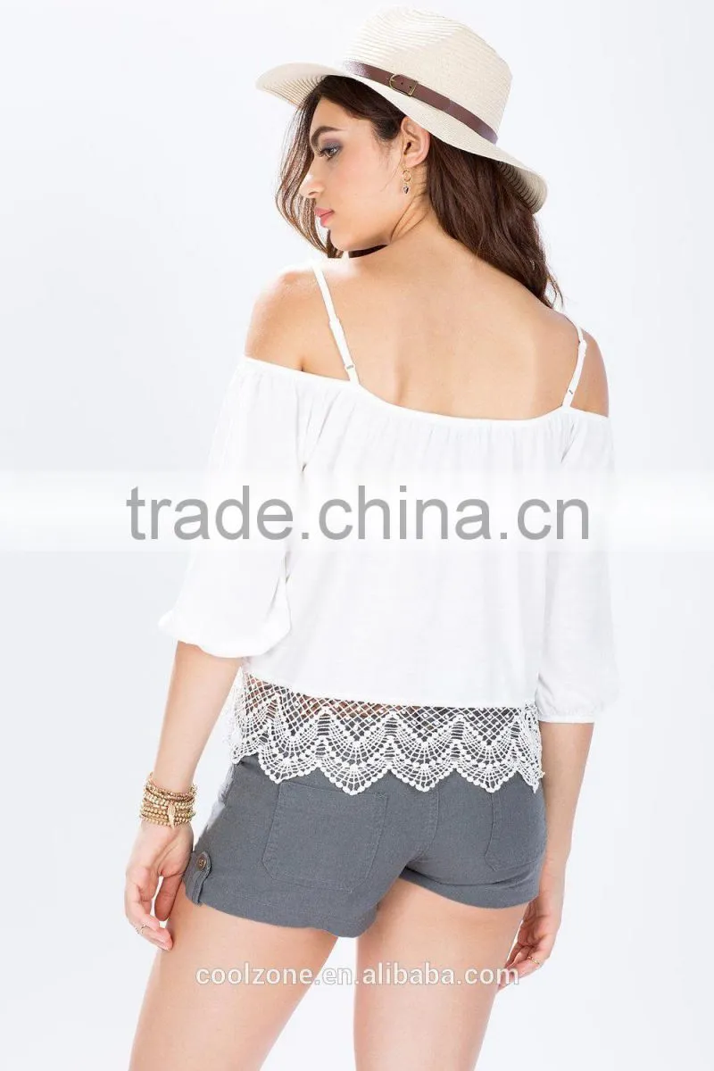 Fashion cold shoulder self tie crochet blouse top selling blouse products 2015