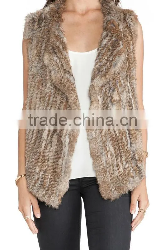 YR321 New RU Design Turn-down Collar Real Natural Knitted Rabbit Fur Vest