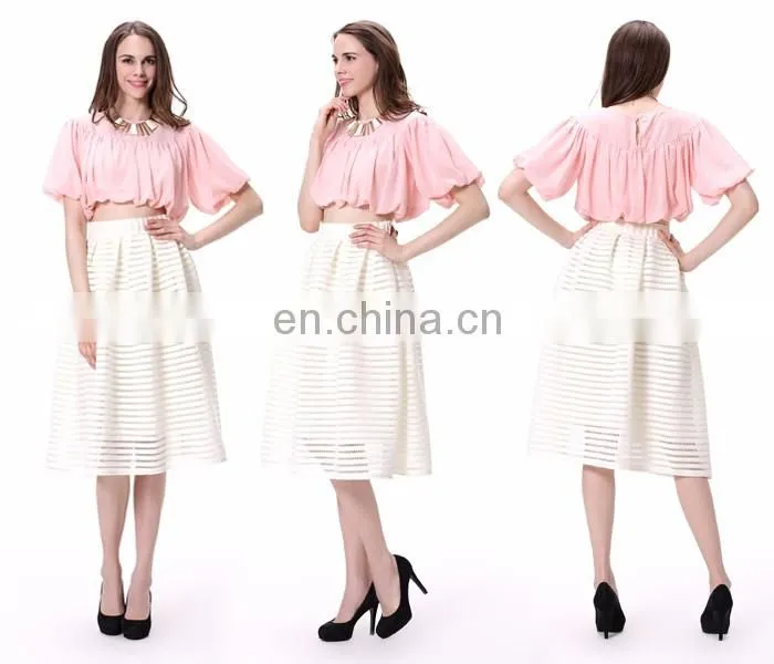Women's Pleated Puff Sleeve 2016 Chiffion Tops Fitted Fashion Shirt