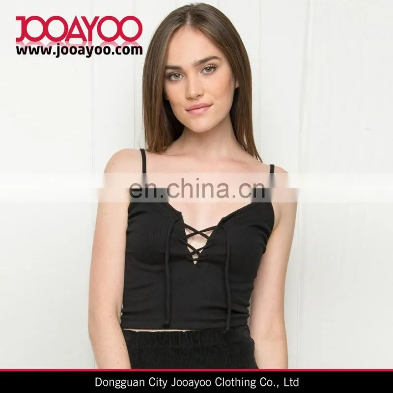 Ladies Sexy Black Rib Knit Lace-up Straps Tank Top
