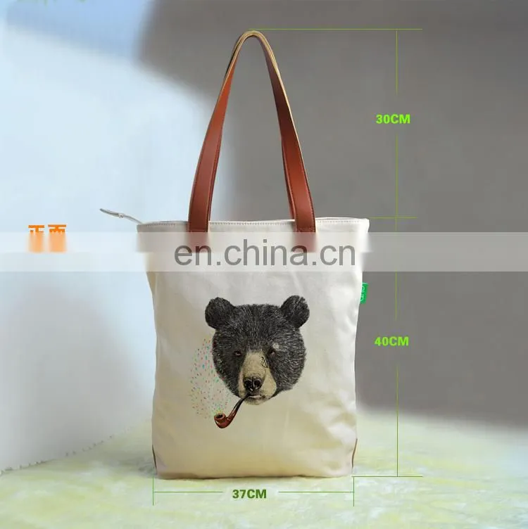 1 pcs Custom printed 16oz cotton canvas tote bag lether handles