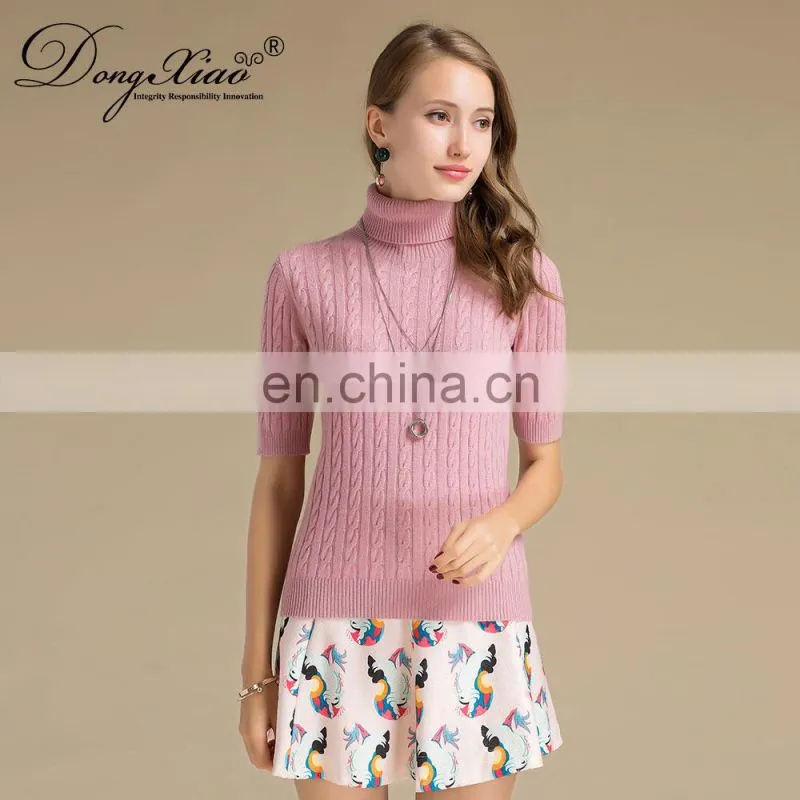 2024 Classic Cable Knit Women's Turtleneck Pullover Half Sleeves Cashmere Sweater Winter 100% Cashmere Solid Pattern Logo Back
