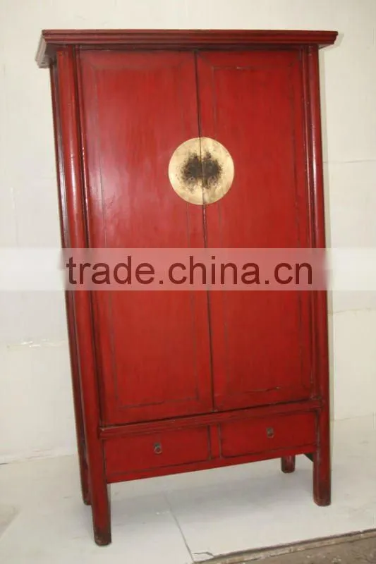 antique Chinese two door two drawer red lacquer wedding wardrobe