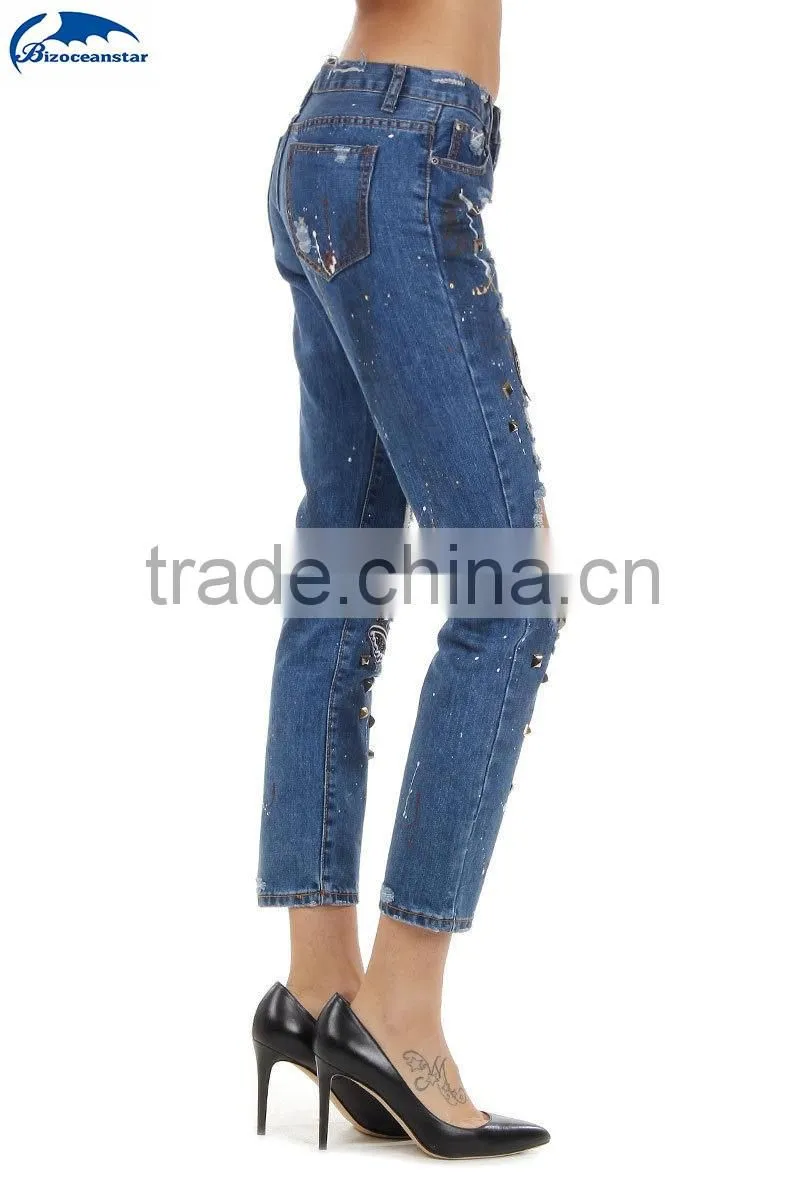 Women New Blu Destroyed Denim Embroidered Jeans Pants Trousers