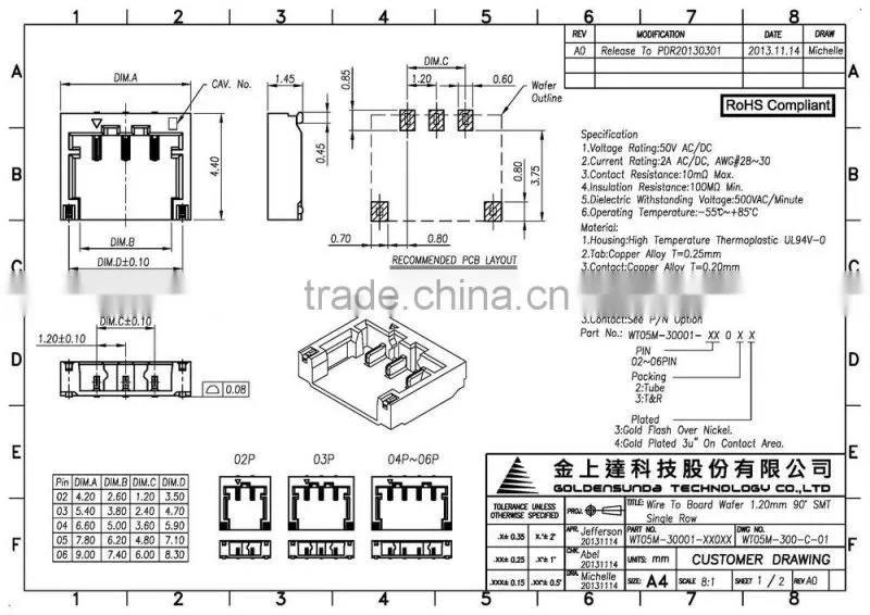 1.2mm Pitch SMT Electronic Wire to Board Right Angle PCB 6PIN Connector