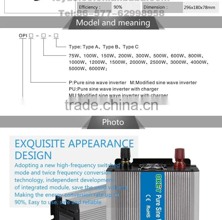 CE RoHS approved OPIP-1000w DC12v to AC 110v/220v good quality high frequency inverter sine wave used for household appliances