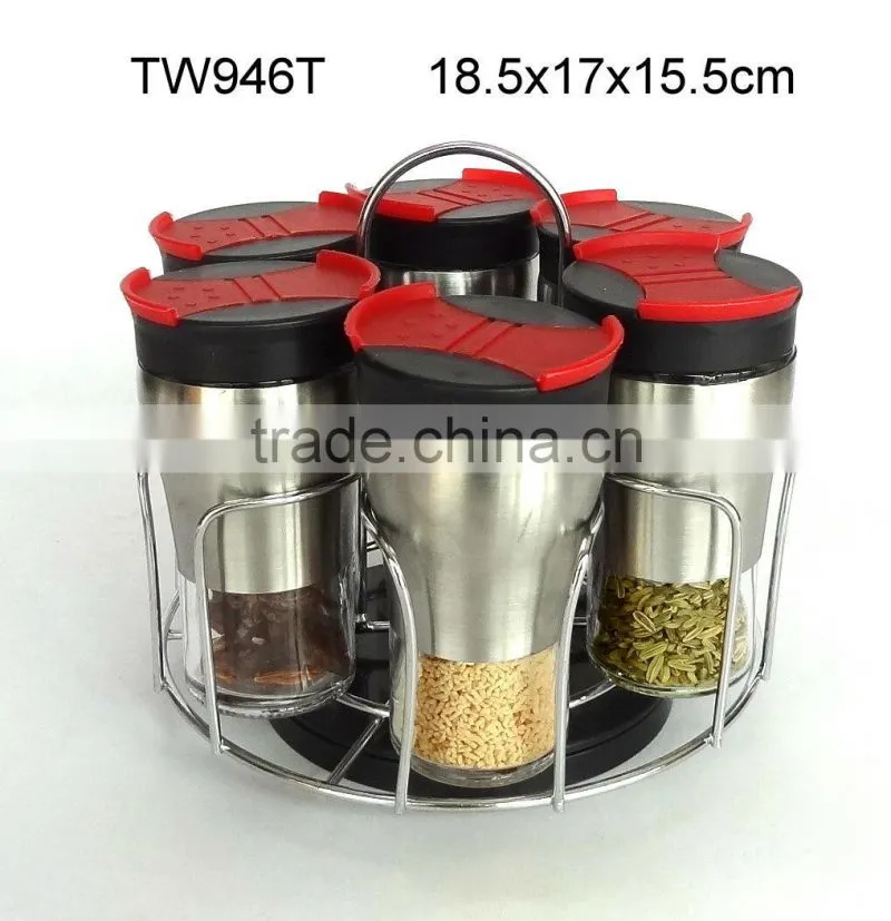 TW901T3 6pcs glass spice jar set with stainless steel casing and plastic stand