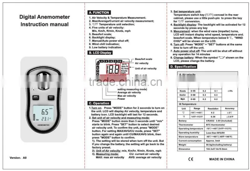 Century Harvest best anemometer price wind anemometer data logger vane anemometer sensor with air temperature S-AM82