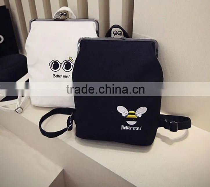 2016 new design backpack fashion lady's tote bag canvas backpack with kiss buckle