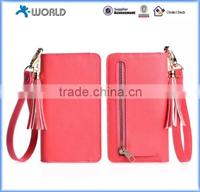 Cute Zipper Leather Wallet Case For iPhone 6S with wrist strap