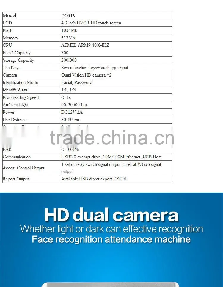OC046 Biometric Face Identification and Fingerprint Time Attendance Device