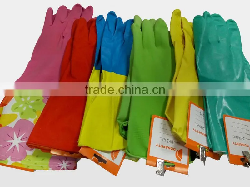 DDSAFETY Hot Sale Pink Latex Household Gloves Double Color Flock Liner Or Unlined Gloves